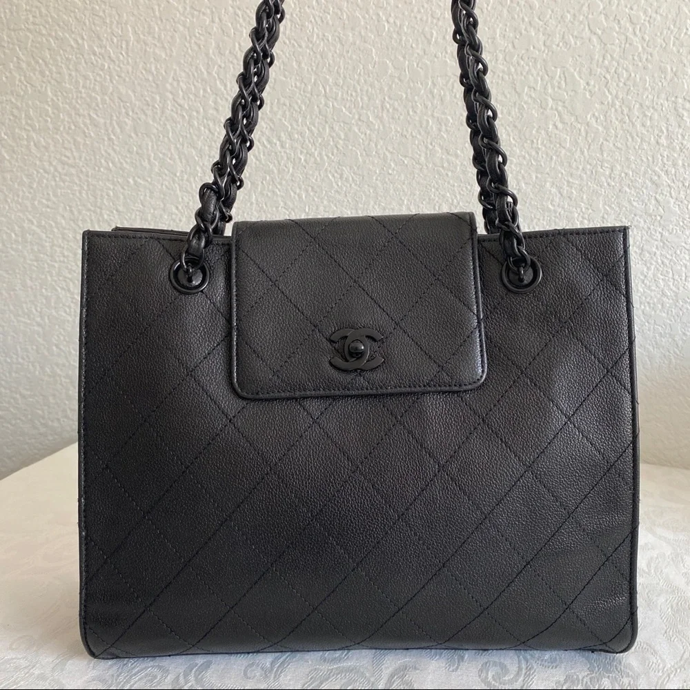 Chanel black quilted leather tote